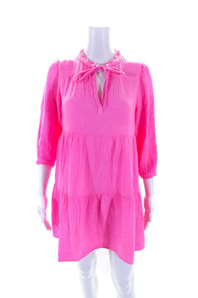 Honorine Womens Bubble Gauze 3/4 Sleeve Tiered Y Neck Dress Hot Pink Size Small