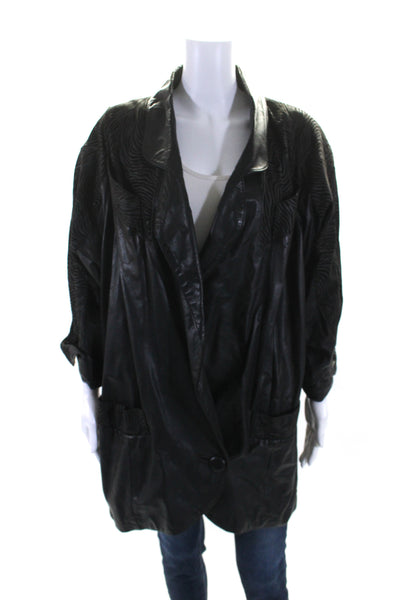 Designer Womens Notched Lapel Single Button Front Jacket Leather Black Medium