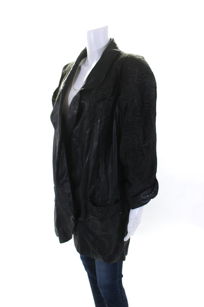 Designer Womens Notched Lapel Single Button Front Jacket Leather Black Medium