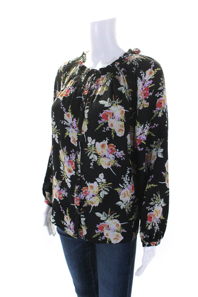 Rebecca Taylor Womens Silk Floral Print Button Down Blouse Black Size Small