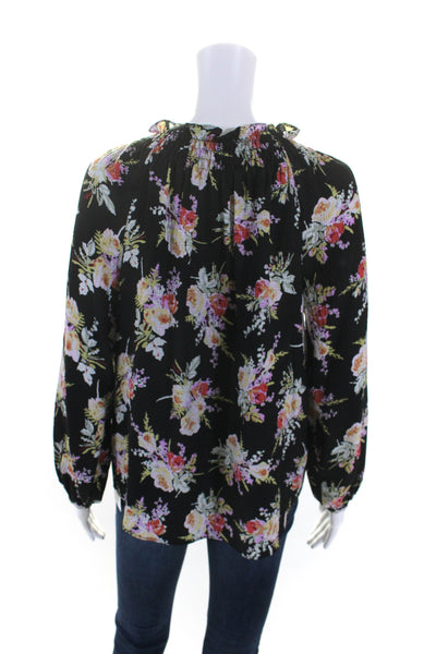 Rebecca Taylor Womens Silk Floral Print Button Down Blouse Black Size Small