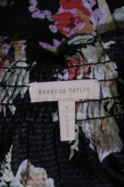 Rebecca Taylor Womens Silk Floral Print Button Down Blouse Black Size Small