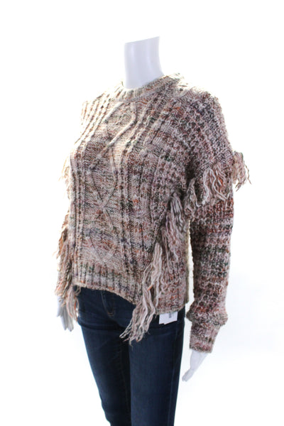 Joie Womens Cable Knit Fringe Crew Neck Long Sleeves Sweater Pink Size Small