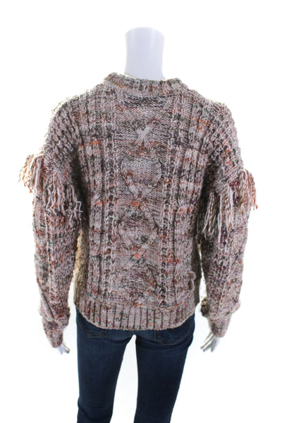 Joie Womens Cable Knit Fringe Crew Neck Long Sleeves Sweater Pink Size Small