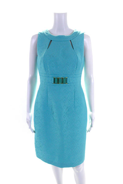 Tahari Womens Teal Textured Embellished Scoop Neck Sleeveless Shift Dress Size 4