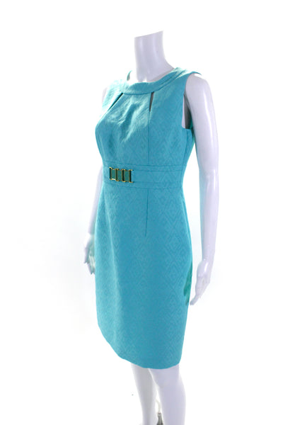 Tahari Womens Teal Textured Embellished Scoop Neck Sleeveless Shift Dress Size 4