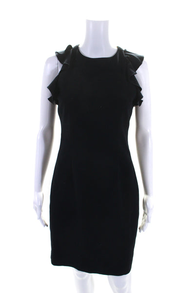 T Tahari Womens Navy Ruffle Crew Neck Zip Back Sleeveless Shift Dress Size 2