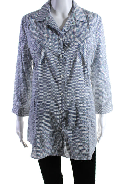 Piazza Sempione Womens Button Front Printed Shirt White Blue Cotton Size IT 44