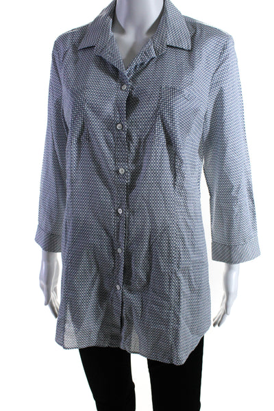 Piazza Sempione Womens Button Front Printed Shirt White Blue Cotton Size IT 44