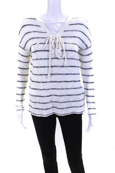 Sundry Womens Woven Striped Lace Up V Neck Sweater White Black Cotton Size 1