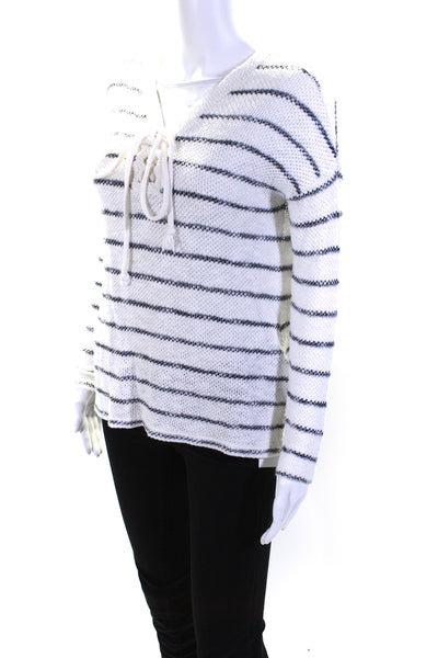 Sundry Womens Woven Striped Lace Up V Neck Sweater White Black Cotton Size 1