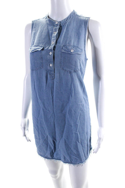 Splendid Womens Crew Neck Chambray Fringe Sleeveless Popover Dress Blue Small