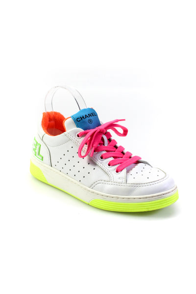 Chanel Womens Terry Lined Neon Color Block Sneakers White Pink Green Size 38 8