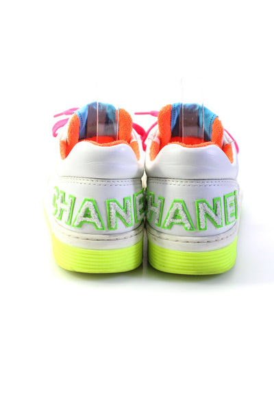 Chanel Womens Terry Lined Neon Color Block Sneakers White Pink Green Size 38 8