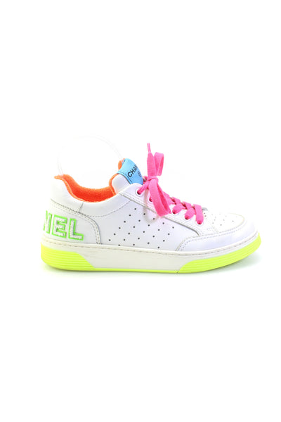 Chanel Womens Terry Lined Neon Color Block Sneakers White Pink Green Size 38 8