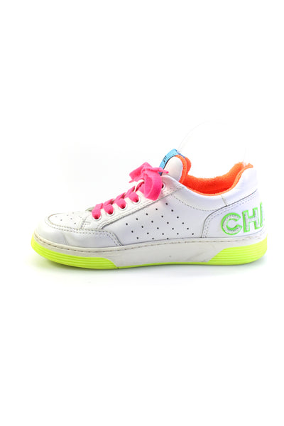 Chanel Womens Terry Lined Neon Color Block Sneakers White Pink Green Size 38 8