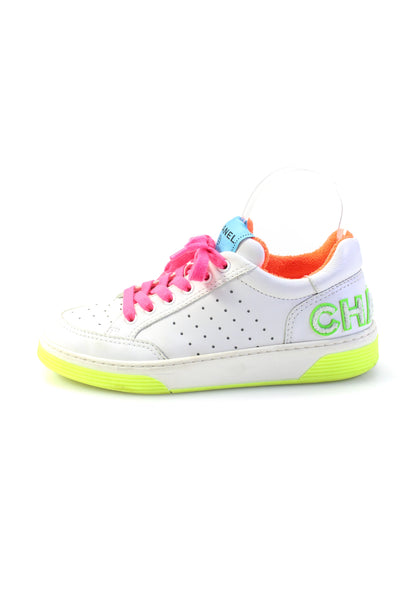 Chanel Womens Terry Lined Neon Color Block Sneakers White Pink Green Size 38 8