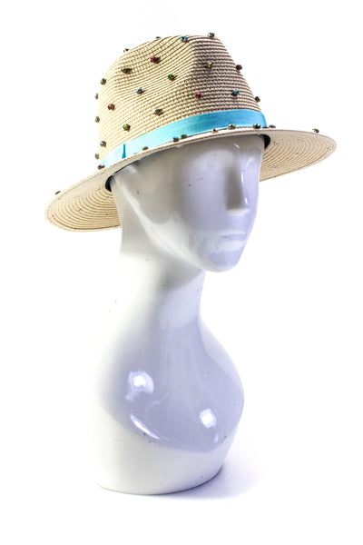 Bits & Pieces To Go Womens Rhinestone Studded Straw Wide Brim Hat Beige Blue