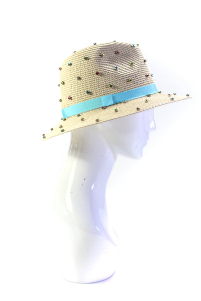 Bits & Pieces To Go Womens Rhinestone Studded Straw Wide Brim Hat Beige Blue