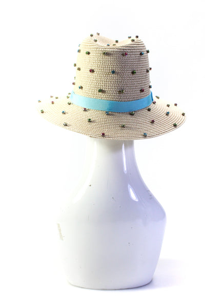 Bits & Pieces To Go Womens Rhinestone Studded Straw Wide Brim Hat Beige Blue