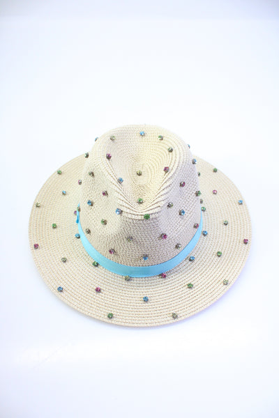 Bits & Pieces To Go Womens Rhinestone Studded Straw Wide Brim Hat Beige Blue