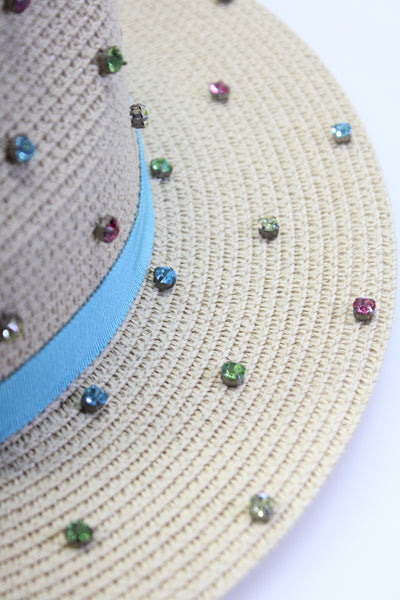 Bits & Pieces To Go Womens Rhinestone Studded Straw Wide Brim Hat Beige Blue