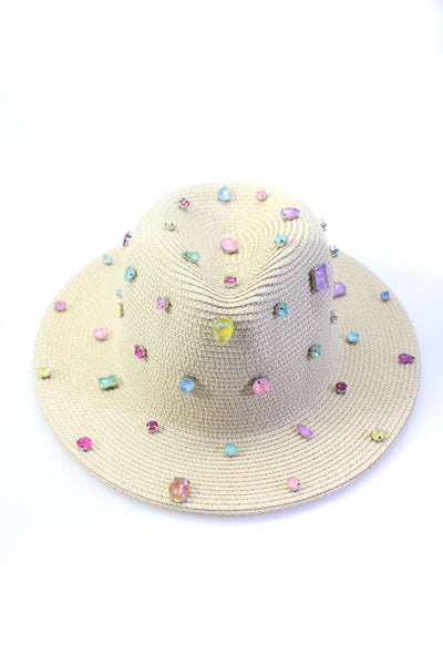 Bits & Pieces To Go Womens Iridescent Rhinestone Straw Panama Hat Natural