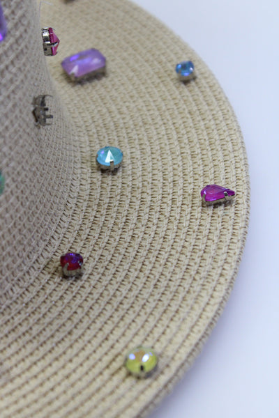 Bits & Pieces To Go Womens Iridescent Rhinestone Straw Panama Hat Natural