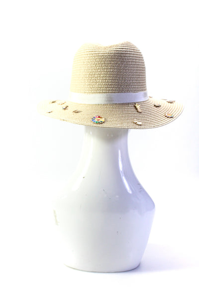 Bits & Pieces To Go Womens Rainbow Heart Charm Straw Panama Hat Natural