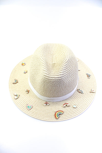 Bits & Pieces To Go Womens Rainbow Heart Charm Straw Panama Hat Natural