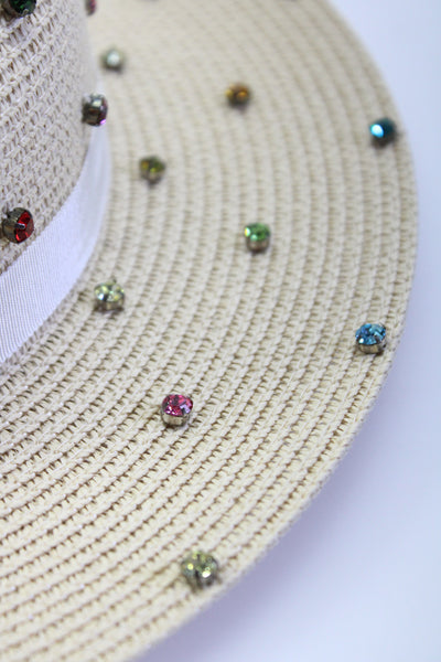 Bits & Pieces To Go Womens Rhinestone Studded Straw Wide Brim Hat Natural