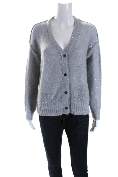 ATM Womens Sequined Long Sleeves Button Down Cardigan Sweater Gray Size Small