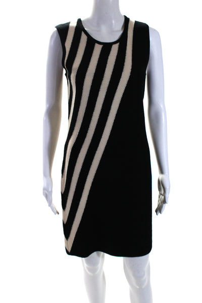 Milly Womens Back Zip Crew Neck Chevron Knit Shift Dress Black White Size Medium