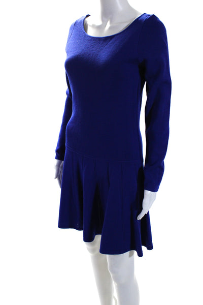 Milly Womens Back Zip Long Sleeve Knit A Line Sweater Dress Blue Wool Size 8