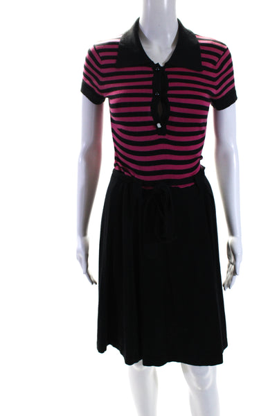 Milly Womens Short Sleeve Collared Striped Knit Dress Black Pink Silk Petite