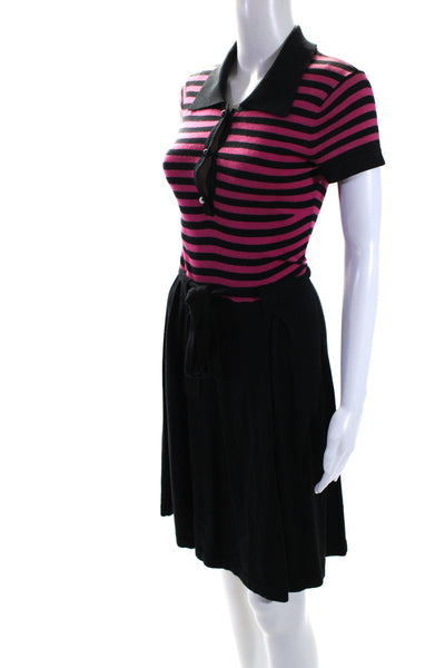 Milly Womens Short Sleeve Collared Striped Knit Dress Black Pink Silk Petite