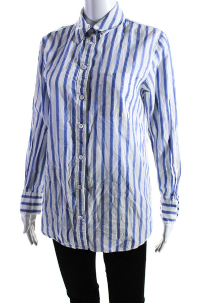 Equipment Femme Womens Striped Button Down Shirt White Blue Cotton Size Small