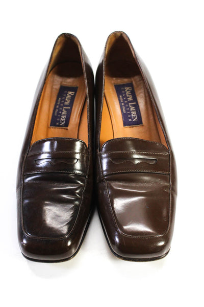 Polo Ralph Lauren Womens Slip On Block Heeled Loafer Leather Brown Size 6.5 US