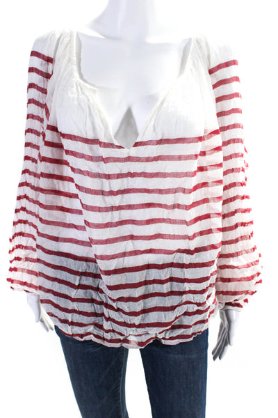 Mes Demoiselles Womens Long Sleeve V Neck Striped Shirt White Red Size 2