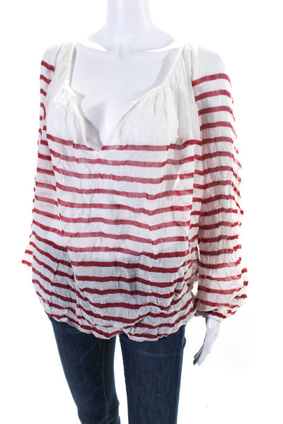 Mes Demoiselles Womens Long Sleeve V Neck Striped Shirt White Red Size 2