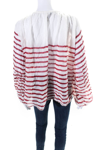 Mes Demoiselles Womens Long Sleeve V Neck Striped Shirt White Red Size 2