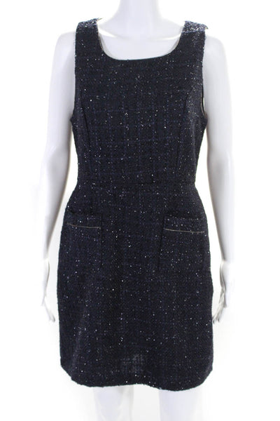 Monteau Womens Back Zip Beaded Trim Metallic Tweed Shift Dress Navy Size Large