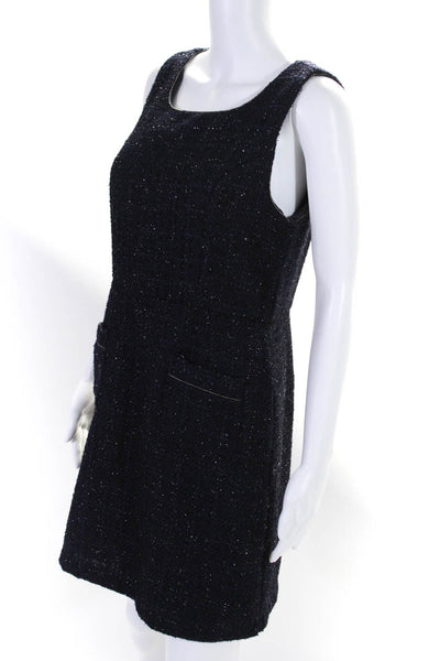 Monteau Womens Back Zip Beaded Trim Metallic Tweed Shift Dress Navy Size Large