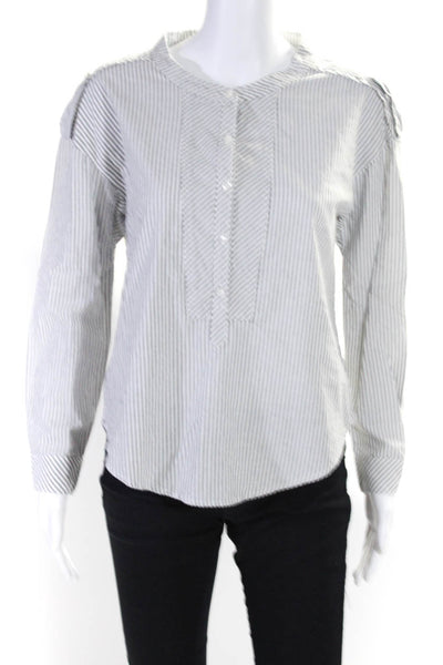 McGuire Womens Crew Neck Button Up Striped Shirt Blouse Gray White Size XS