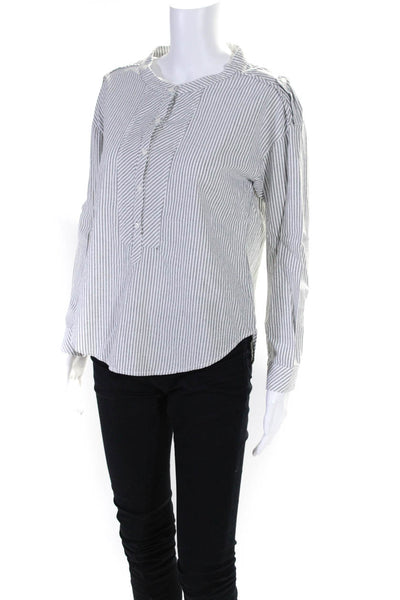 McGuire Womens Crew Neck Button Up Striped Shirt Blouse Gray White Size XS