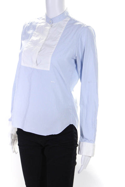 E. Tautz Womens Striped Long Sleeve Half Button Shirt Blouse Blue White Size 8