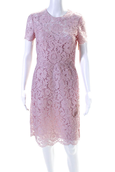 Valentino Womens Back Zip Short Sleeve Crew Neck Lace Overlay Dress Pink IT 40