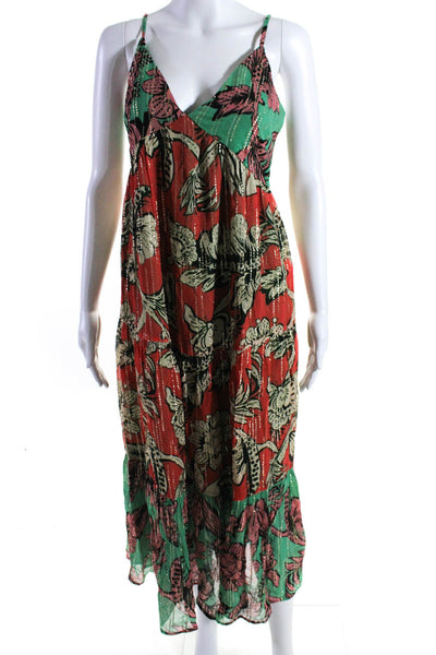 Just Bellina Womens Metallic Floral Chiffon Midi Dress Red Green Size XS