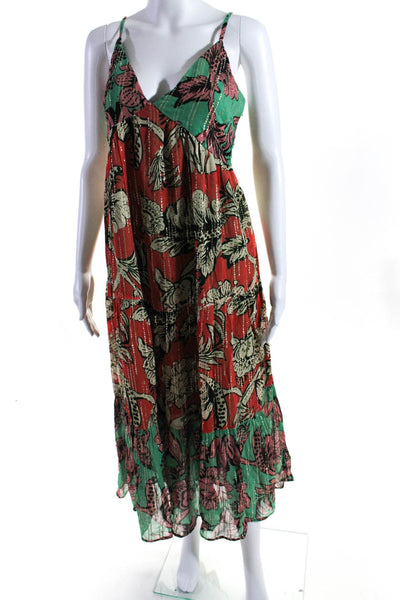 Just Bellina Womens Metallic Floral Chiffon Midi Dress Red Green Size XS