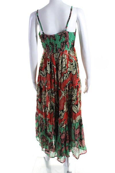 Just Bellina Womens Metallic Floral Chiffon Midi Dress Red Green Size XS